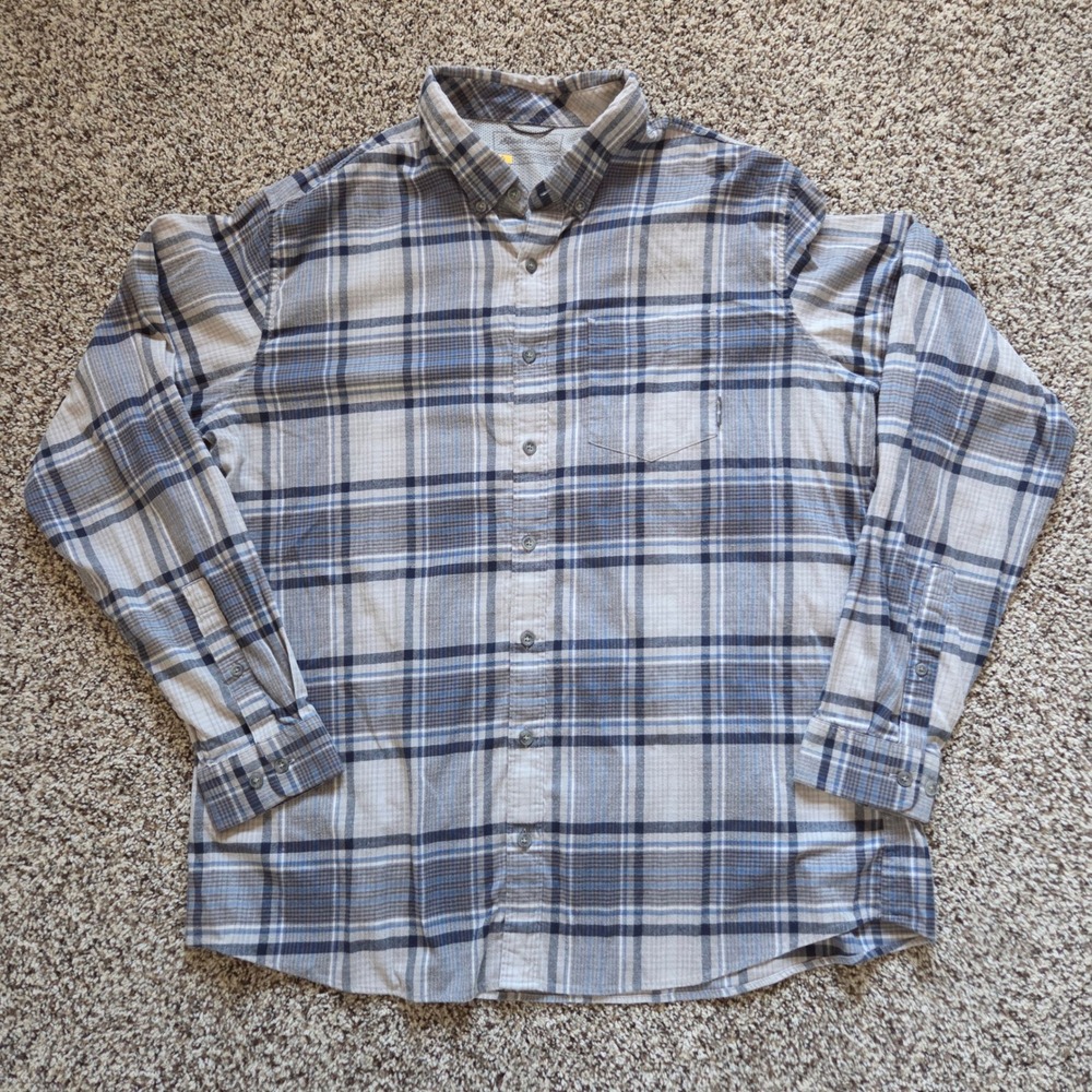 Eddie Bauer Travex Mens 2XLT Blue Gray Plaid Flannel Button Up Shirt L/S Stretch
